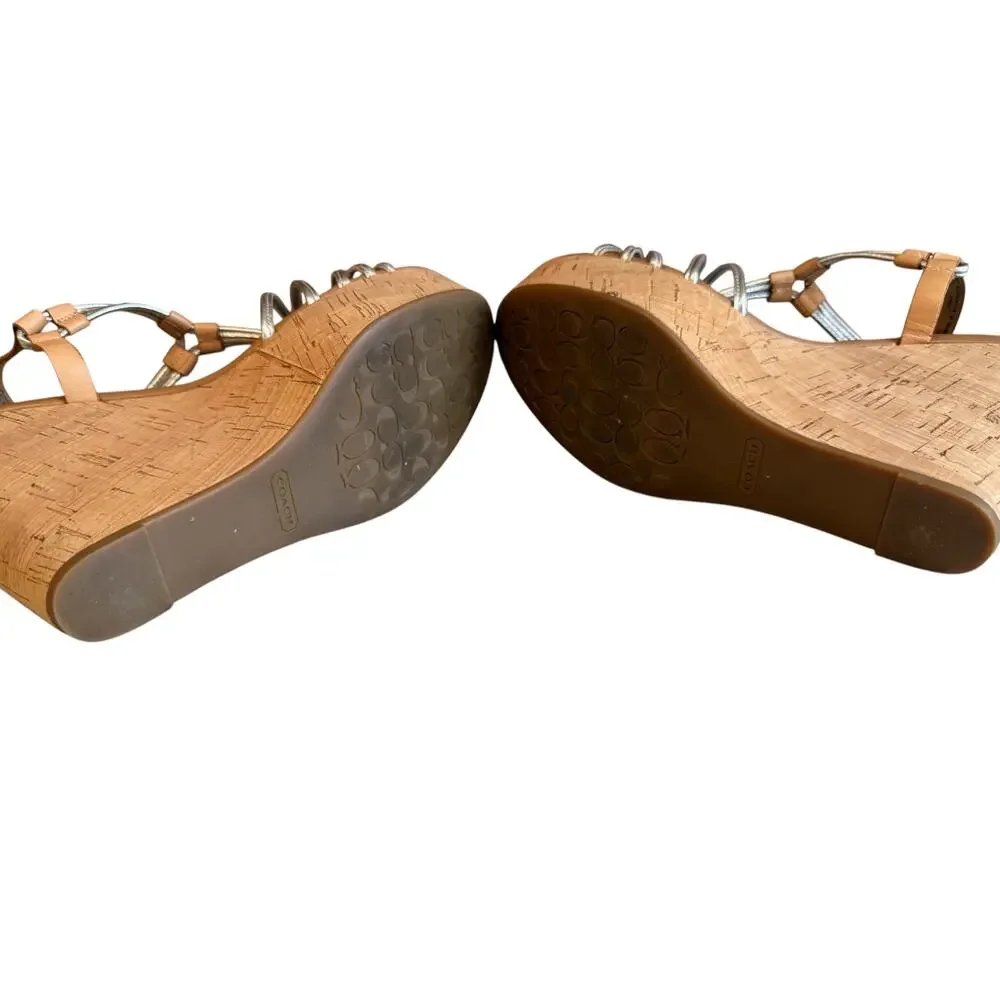 Coach Georgiana Metallic Silver Platform Cork Sandals 9